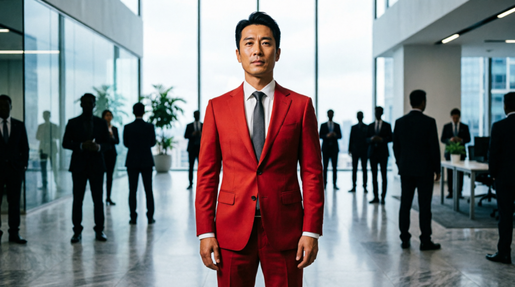 A leader in a red suit stands confidently among dark silhouettes in a modern office, representing leadership presence and visibility
