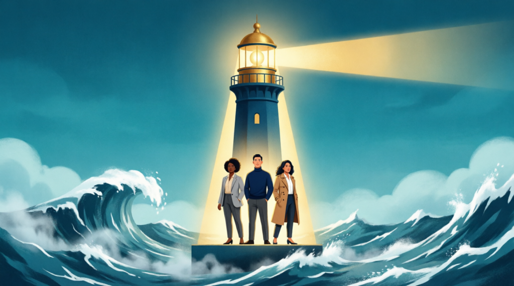 Illustration of a leader acting as a lighthouse, casting a beam of clarity and communication to protect a team from operational chaos and waves, symbolizing high morale.